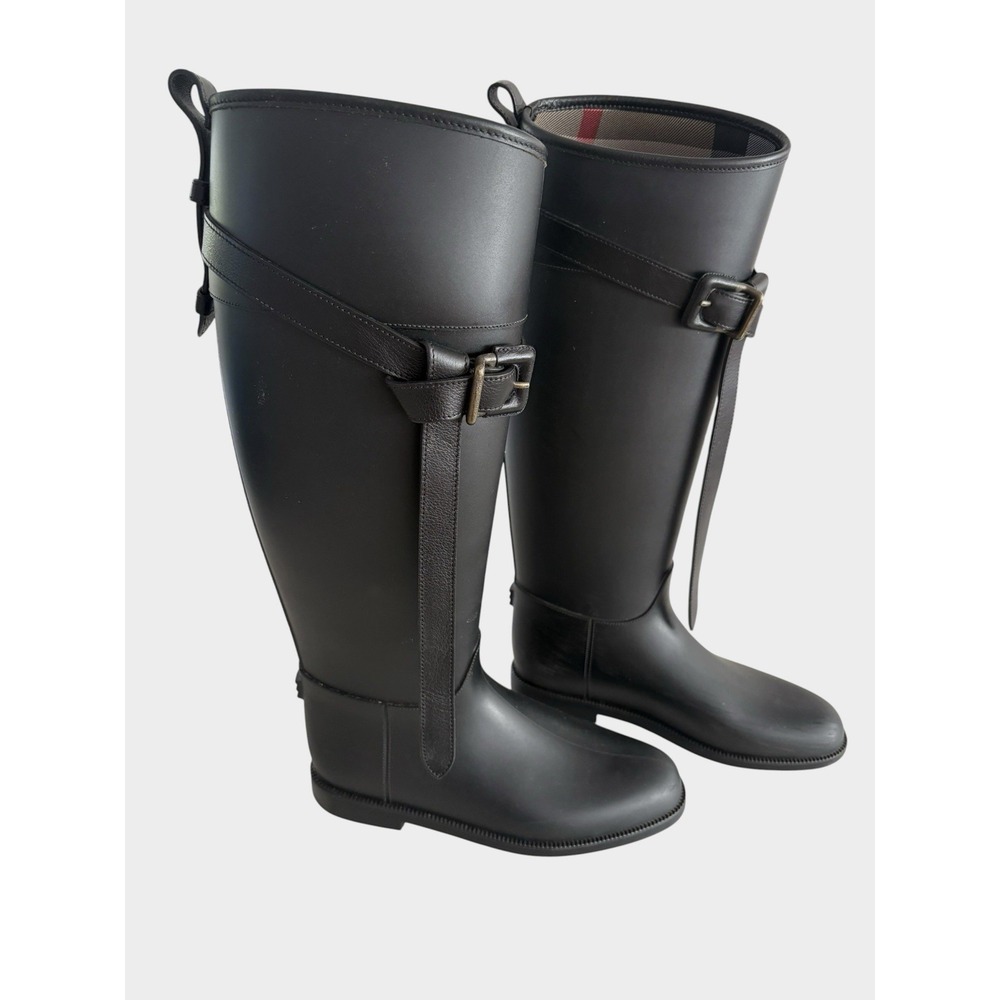Burberry Nova Check Knee High Rubber Rain Boots Leather Trim EU 38